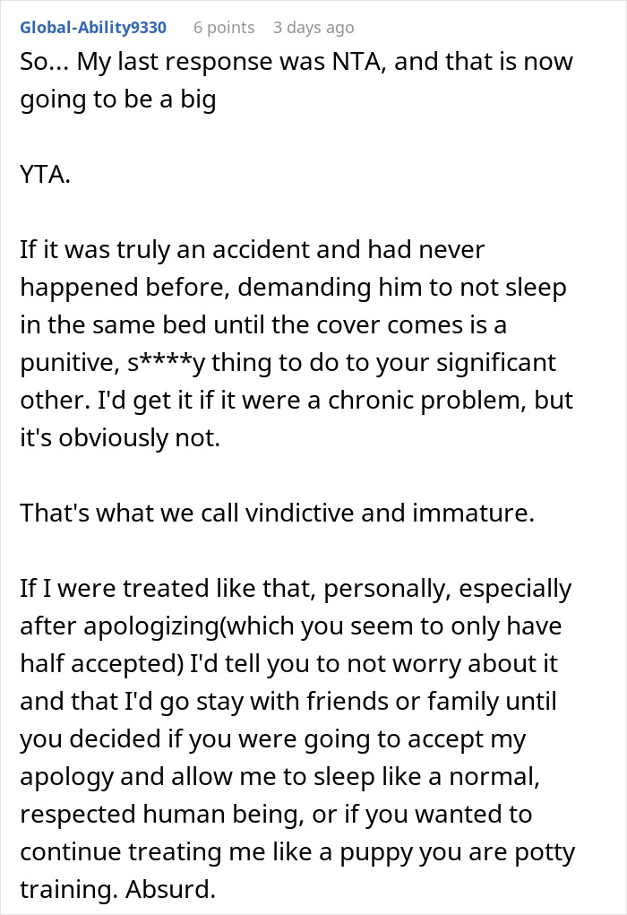 Comment discussing a man who wets the bed, highlighting immaturity and dismissing it as not a big deal.