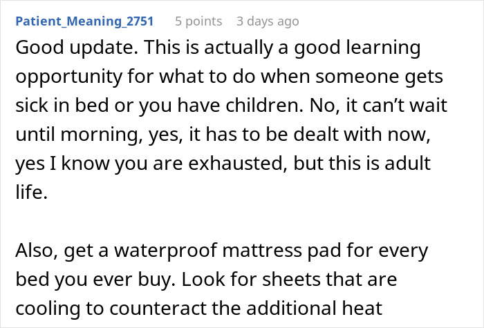 Comment discussing adult life challenges and advice on dealing with bedwetting and mattress protection solutions.