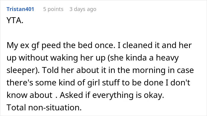 Comment discussing a man wetting the bed and not considering it a big deal, with personal anecdote included.