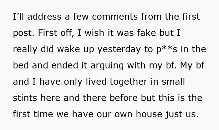 Text post discussing a man who wets the bed and the impact on his relationship in their shared new home.