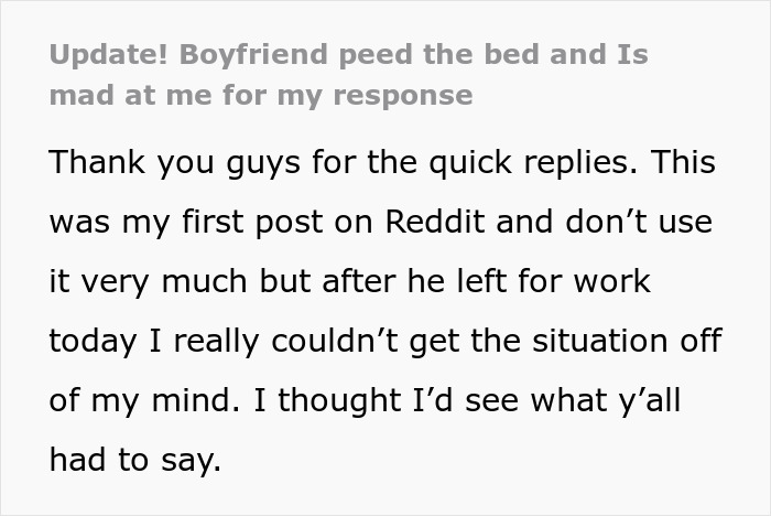 Screenshot of a Reddit post discussing a man who wets the bed and the impact on his relationship.