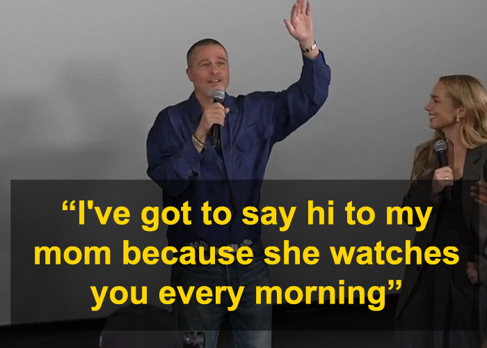 Brad Pitt speaking into a microphone, waving hand during a public message honoring his mom, sparking mass support. Brad Pitt speaking into a microphone, waving hand during a public message honoring his mom, sparking mass support.