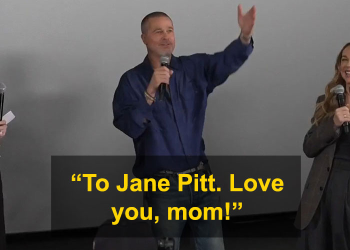 Brad Pitt speaking at an event, sharing a heartfelt message to his mom, sparking mass support online. Brad Pitt speaking at an event, sharing a heartfelt message to his mom, sparking mass support online.