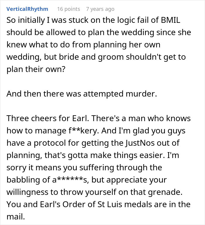 Comment discussing chaos at a wedding turning into a crime scene, mentioning attempted murder and family drama.