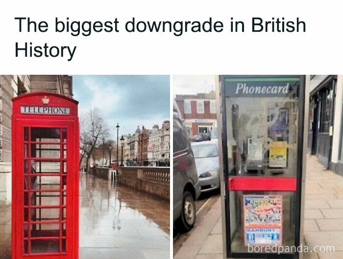 Side-by-side images of a classic red telephone box and a modern UK phonecard booth, highlighting life in the UK.
