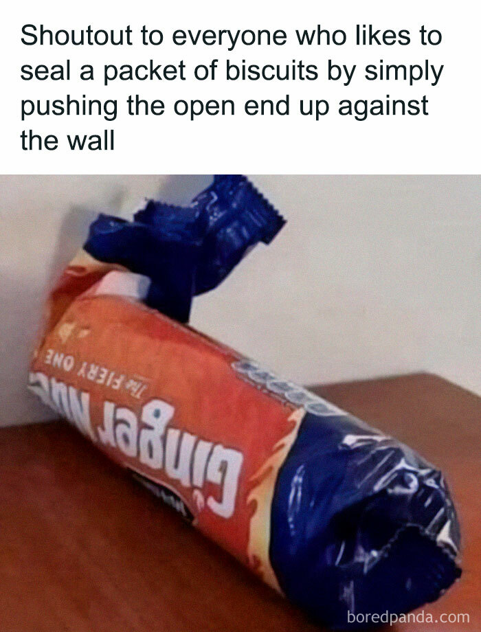 Packet of biscuits sealed by pushing the open end against the wall, illustrating funny memes about life in the UK.