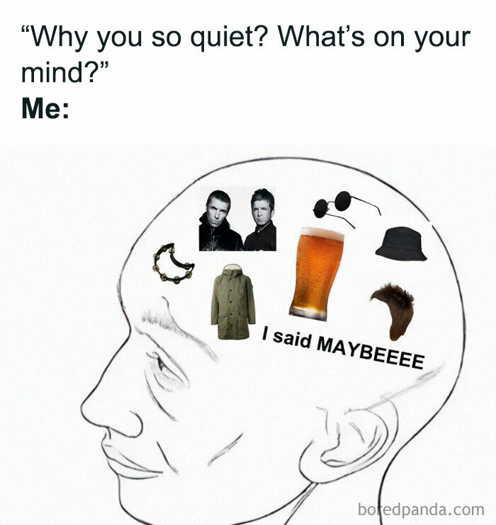 Meme illustrating typical British items and humor inside a person’s head, reflecting life in the UK.