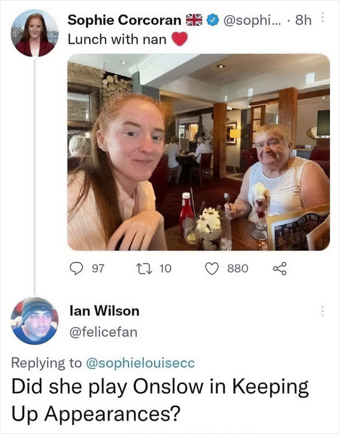 Social media post showing a woman having lunch with her nan, highlighting funny memes about life in the UK.