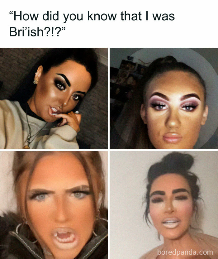 Four close-up photos of women with heavy makeup, illustrating a funny meme about British life and culture.