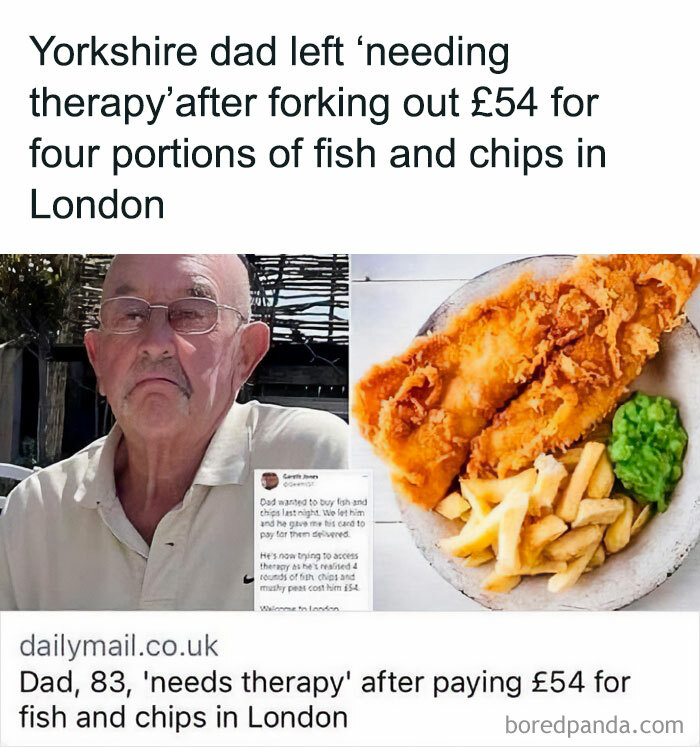 Elderly man upset after paying £54 for fish and chips in London, capturing funny memes about life in the UK.