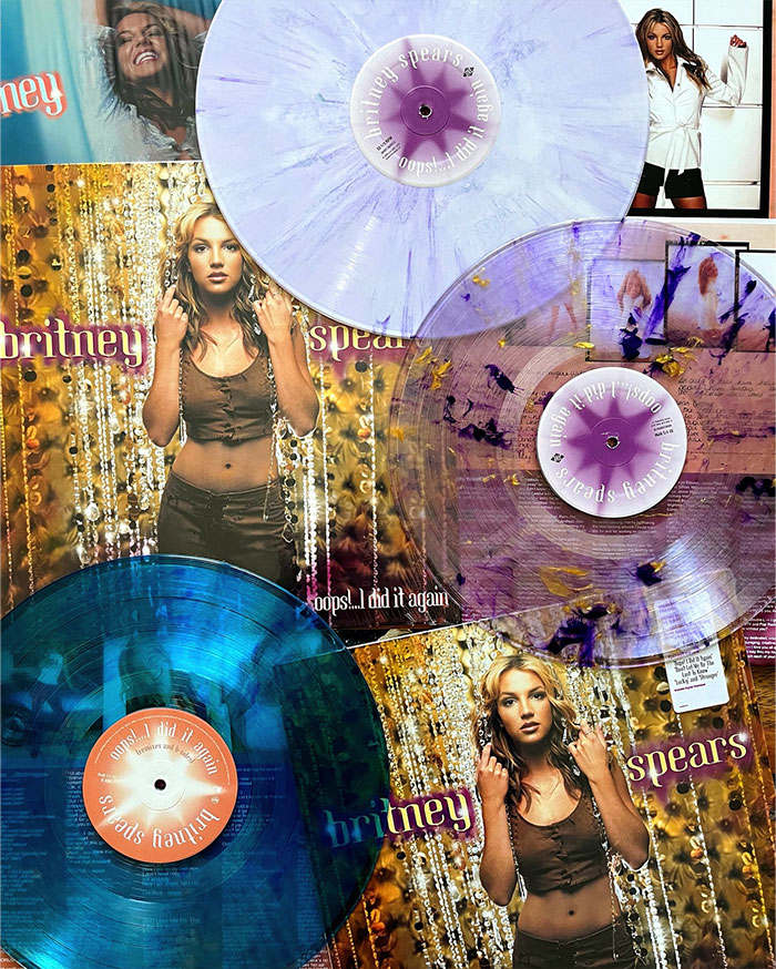 Vinyl records of Britney Spears&rsquo; albums laid out, highlighting the pop icon&rsquo;s music and net worth in 2025.