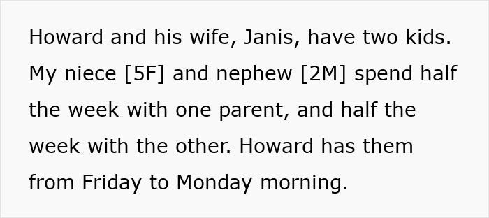 Text excerpt discussing a man and his wife sharing childcare duties with niece and nephew amid accusations over childcare responsibilities.