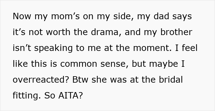 Text excerpt about woman confronting brother&rsquo;s fianc&eacute;e over copying her wedding dress and family drama.