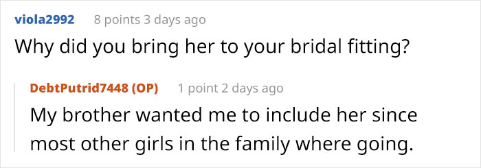 Screenshot of a Reddit conversation about a woman confronting her brother&rsquo;s fianc&eacute;e for copying her wedding dress.