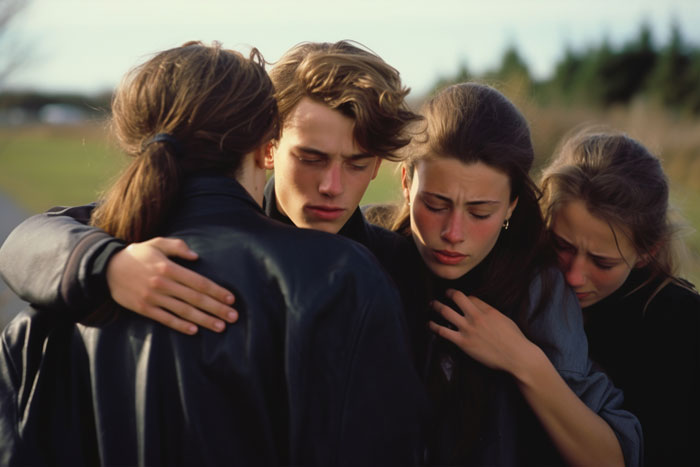 Group of upset stepkids comforting each other outdoors, reflecting feelings of hurt and abandonment after widow&rsquo;s burial choice.