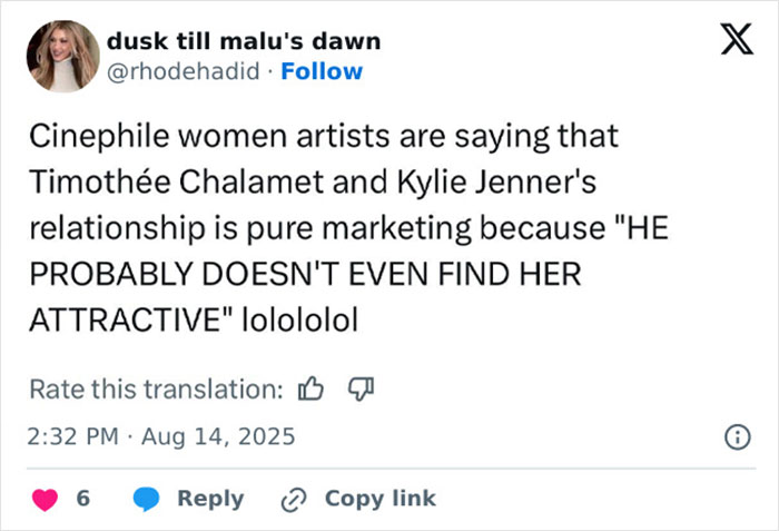 Social media post discussing breakup rumors and Kylie Jenner rocking a risqu&eacute; outfit during a night out without Timoth&eacute;e Chalamet.