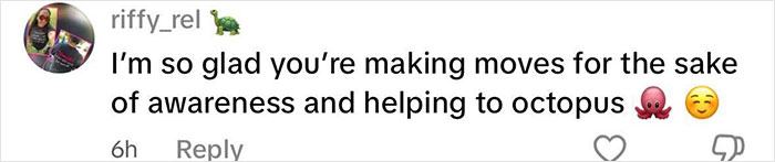 Instagram comment expressing support for raising awareness about octopus safety after viral incident involving a 6-year-old boy.