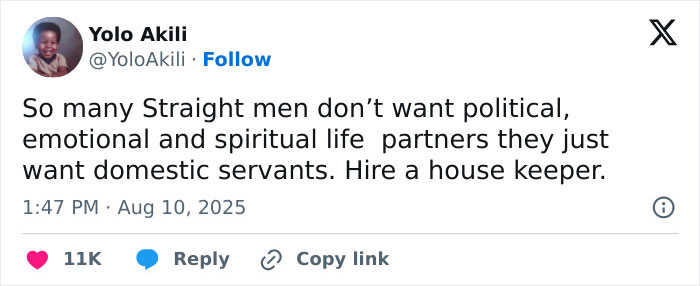 Tweet by Yolo Akili discussing men wanting domestic servants instead of emotional and spiritual partners, related to Halle Berry’s ex-husband topic. Tweet by Yolo Akili discussing men wanting domestic servants instead of emotional and spiritual partners, related to Halle Berry’s ex-husband topic.