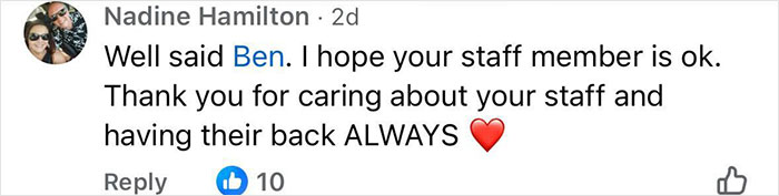 Comment praising caf&eacute; owner for supporting staff after entitled customers upset teen worker, emphasizing no means no message.