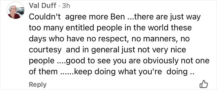 Comment from Val Duff criticizing entitled customers lacking respect and manners, supporting caf&eacute; owner defending teen worker.