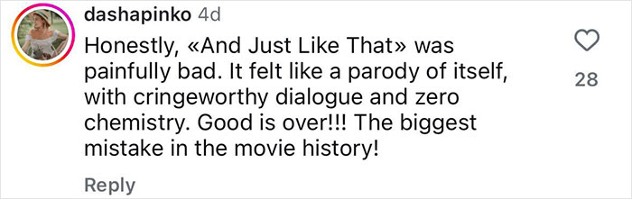 Comment criticizing And Just Like That series finale for bad dialogue and lack of chemistry, sparking Sarah Jessica Parker's response to haters. Comment criticizing And Just Like That series finale for bad dialogue and lack of chemistry, sparking Sarah Jessica Parker's response to haters.