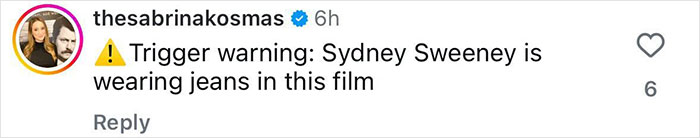 Screenshot of an Instagram comment mentioning Sydney Sweeney and jeans, related to social media reactions and trolling.