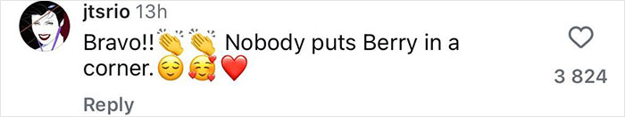 Comment praising Halle Berry with emojis, highlighting support amid ex-husband cooking and cleaning claims controversy.