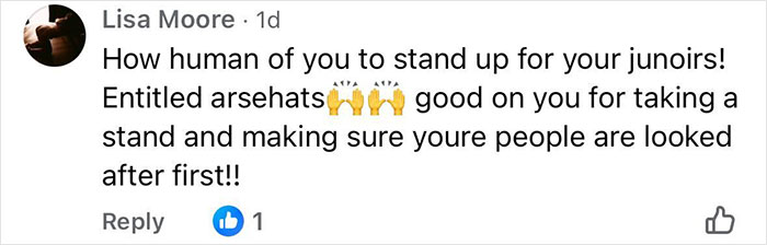 Facebook comment praising a caf&eacute; owner for standing up to entitled customers after teen worker was left in tears.