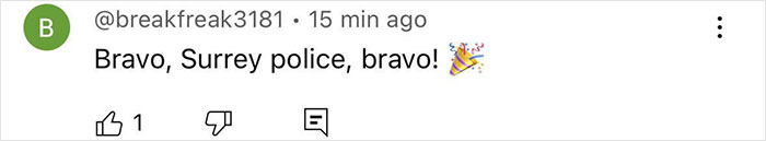 Comment praising Surrey police with text Bravo, Surrey police, bravo and a party popper emoji, related to cops wearing running clothes to elicit catcalls.
