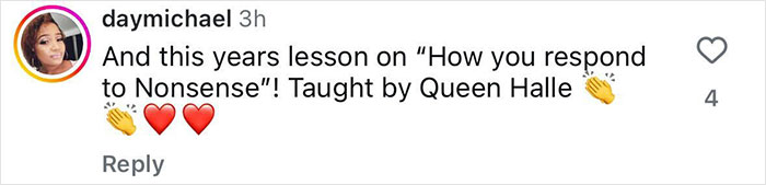 Instagram comment by user daymichael praising Halle Berry for her response to her ex-husband&rsquo;s cooking and cleaning claims.