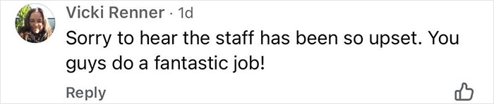 Comment from Vicki Renner expressing support for upset caf&eacute; staff after entitled customers left teen worker in tears.