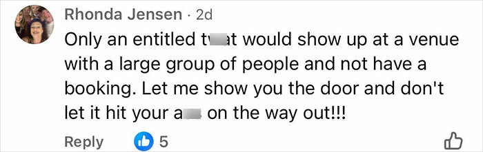 Facebook comment from caf&eacute; owner calling out entitled customers who upset a teen worker, emphasizing no means no policy.