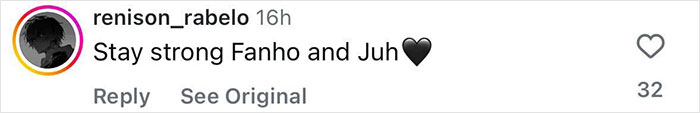 Comment on social media expressing support saying Stay strong Fanho and Juh with a black heart emoji.