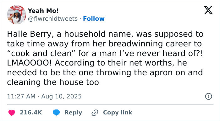 Tweet criticizing Halle Berry’s ex-husband for saying she didn’t cook or clean, sparking a backlash online. Tweet criticizing Halle Berry’s ex-husband for saying she didn’t cook or clean, sparking a backlash online.