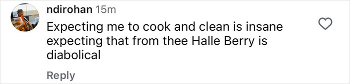 Comment on social media trolling Halle Berry's ex-husband about cooking and cleaning expectations.