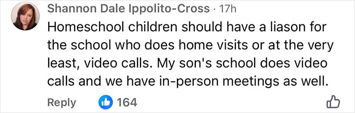 Comment from Shannon Dale Ippolito-Cross about homeschool children needing a liaison for home visits or video calls with schools.