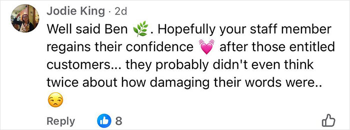 Screenshot of a Facebook comment supporting a caf&eacute; owner calling out entitled customers after a teen worker was left in tears.