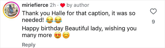 Commenter miriefierce thanking Halle Berry for a caption and wishing her a happy birthday with emojis on social media.