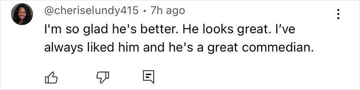 Screenshot of a social media comment praising Pete Davidson's comedy and expressing gladness that he is doing better.