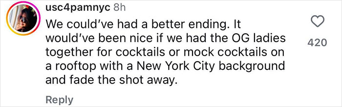 Comment criticizing And Just Like That series finale for not including original cast, with New York City rooftop suggestion. Comment criticizing And Just Like That series finale for not including original cast, with New York City rooftop suggestion.