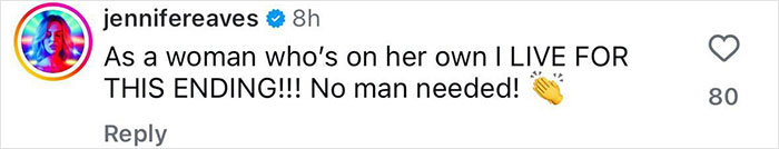 User comment praising the ending of And Just Like That series finale with enthusiastic clapping emoji. User comment praising the ending of And Just Like That series finale with enthusiastic clapping emoji.