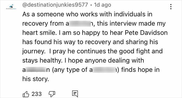 Comment praising Pete Davidson's recovery journey and addressing scrutiny of his manhood size double standard.