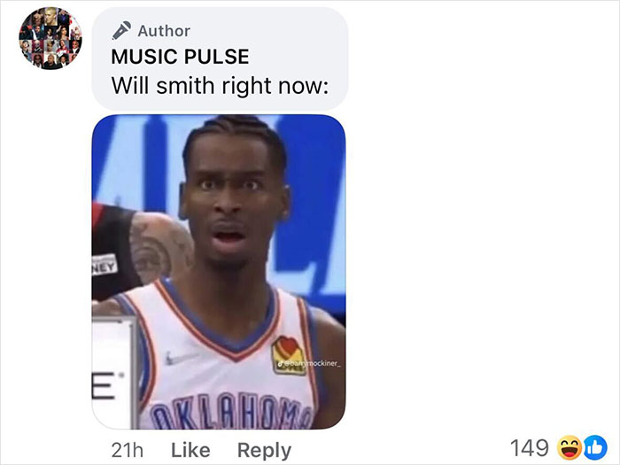 Man in Oklahoma basketball jersey with shocked expression, reaction meme related to Will Smith's daughter concerns.