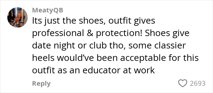 Comment discussing outfit and shoes in a viral teacher debate about showing off curves for back to school.