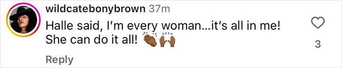 Screenshot of an Instagram comment praising Halle Berry's confidence amid trolls about cooking and cleaning.