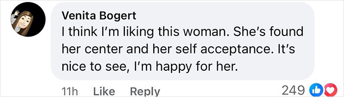 Comment from Venita Bogert expressing support and happiness for a woman’s self-acceptance amid Pamela Anderson and Meghan Markle cooking show claims. - 19
