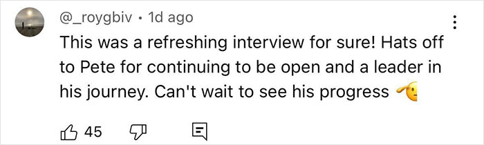 User comment praising Pete Davidson for openness and leadership in his journey and expressing excitement for his progress.