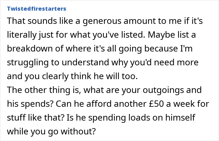 Alt text:
Woman on a 12-month hiatus from work expecting more money than husband&rsquo;s &pound;150 weekly allowance in text discussion.