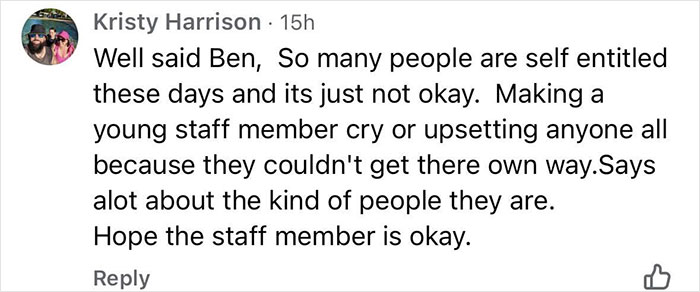 Comment discussing entitled customers upsetting a teen caf&eacute; worker and highlighting the importance of respecting staff.