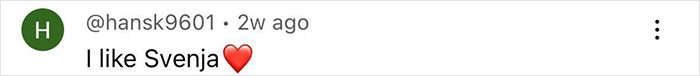 User comment on social media with username hansk9601 expressing liking for Svenja with a heart emoji.